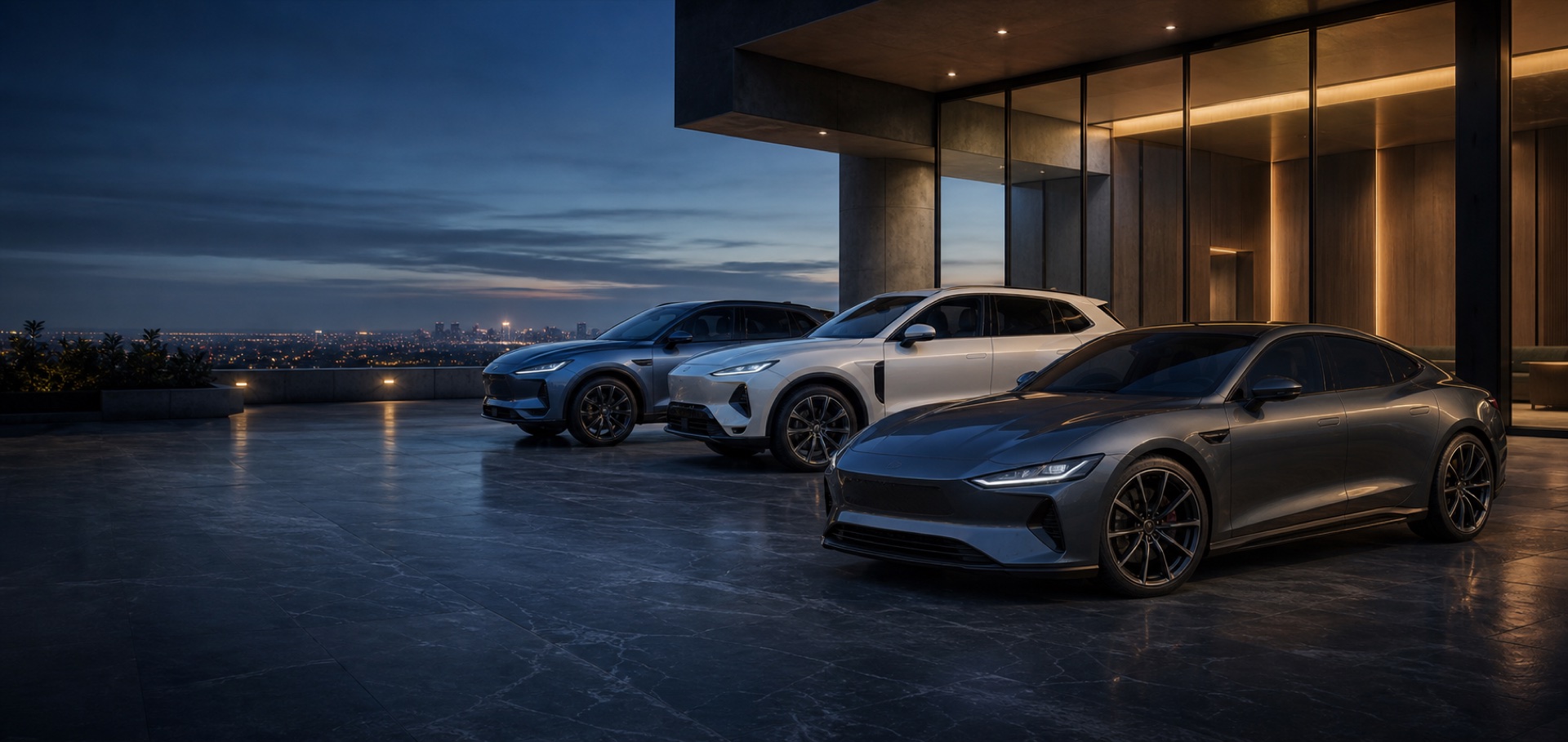 A modern sedan, SUV, and crossover at a contemporary showroom